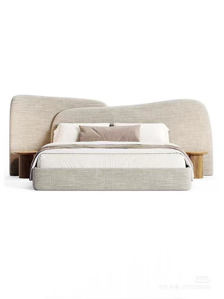 letto imbottito di design con testiera doppia curva e comodini integratiletto contemporaneo con testiera doppia curva imbottita e comodini integrati in legno. eleganza e funzionalità .