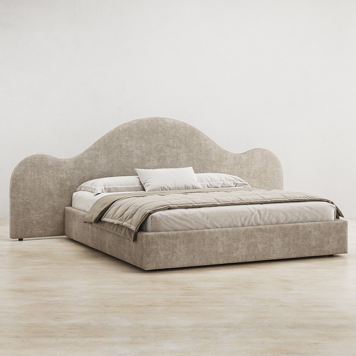 letto di design con testiera sagomata oversize – tessuto beige