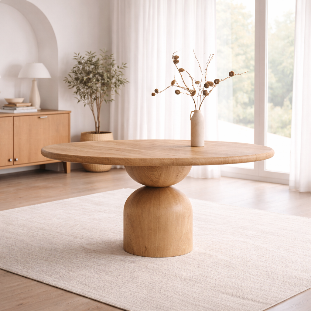tavolo rotondo di design in legno naturale con base scultorea centrale